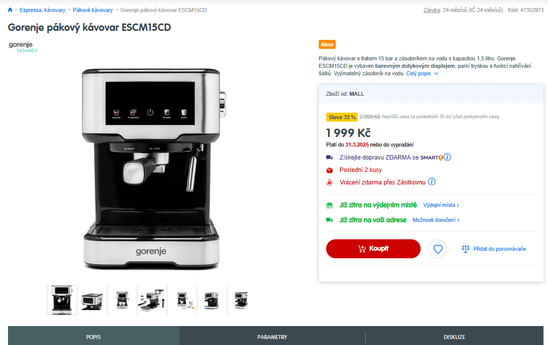Pákový kávovar Gorenje 15 bar