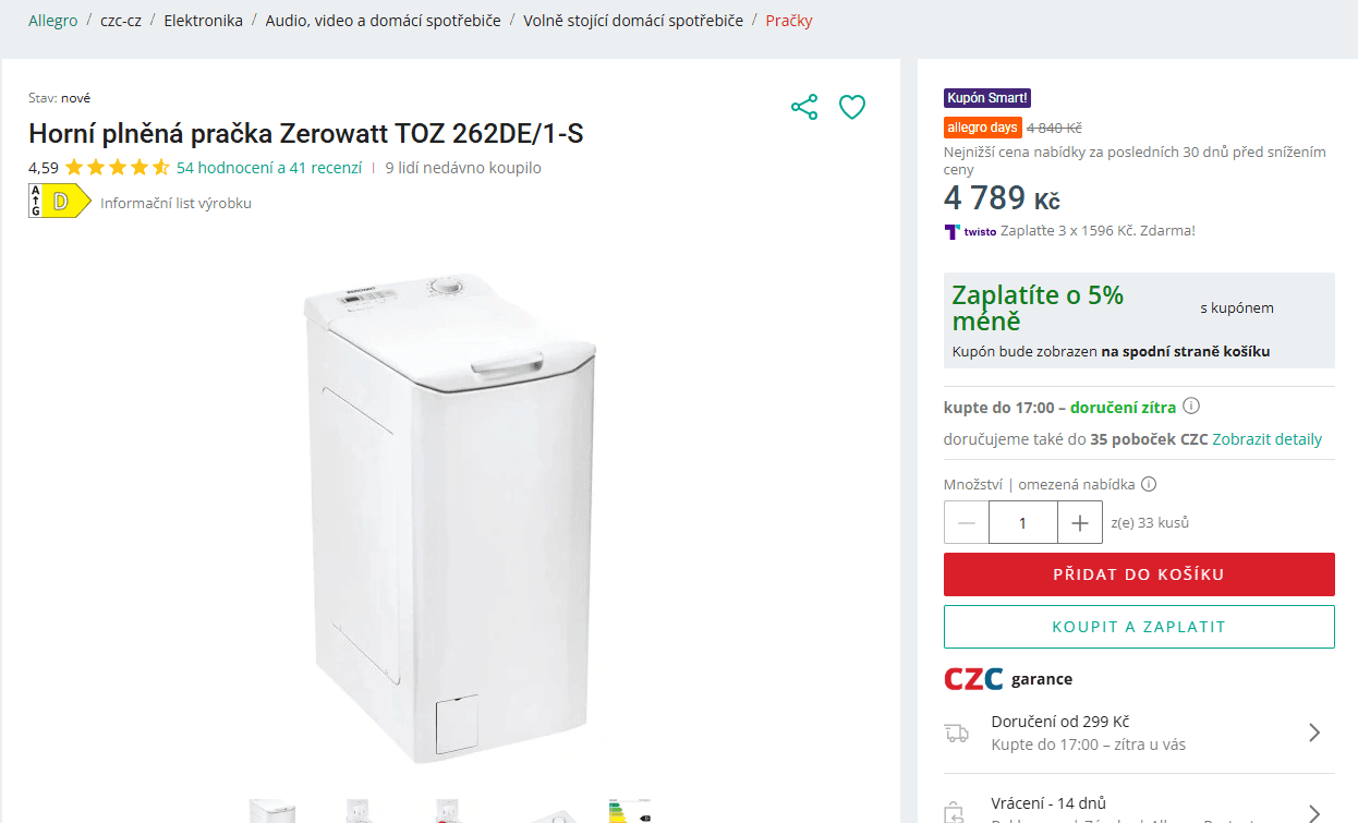 Pračka Zerowatt 6 kg, 1100 otáček