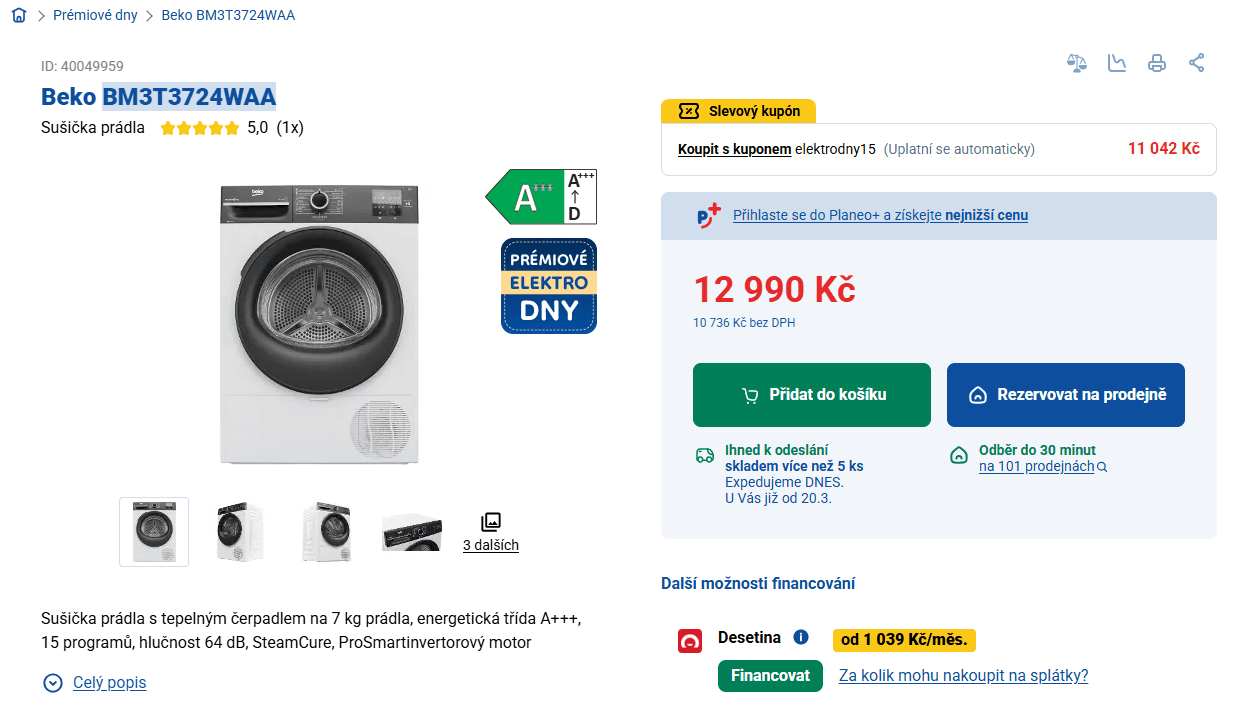 Sušička prádla Beko, 7 kg, A+++, 15 prog.