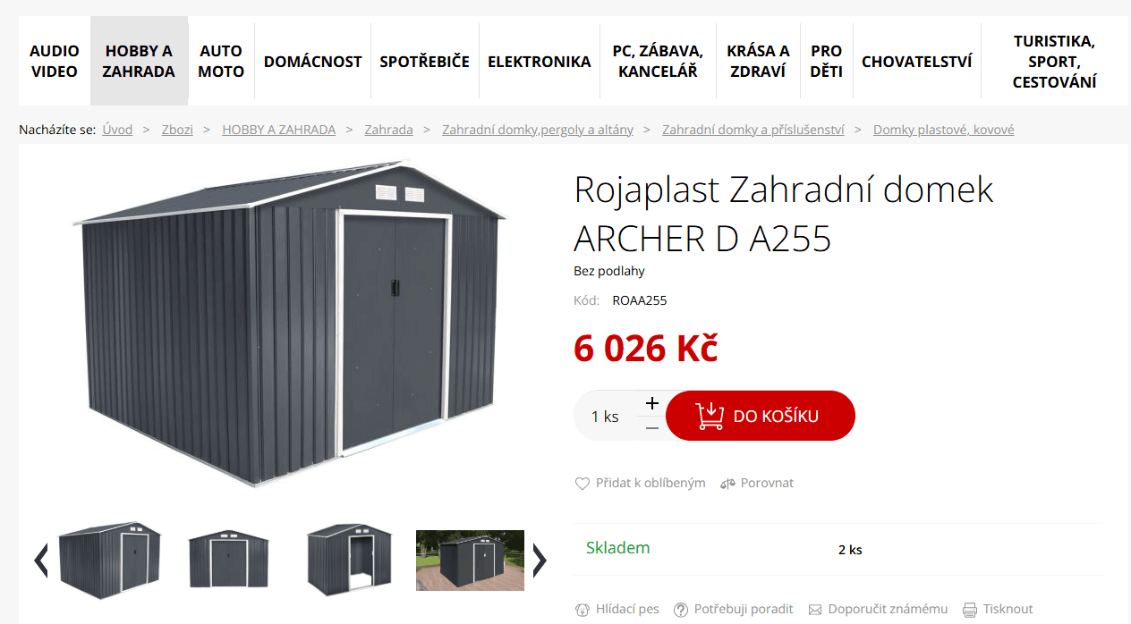 Zahradní domek 2,77x2,55 m, v 2m