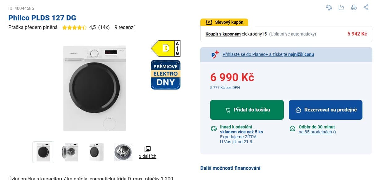 Pračka Philco, 7kg, 1200 ot., 40 cm