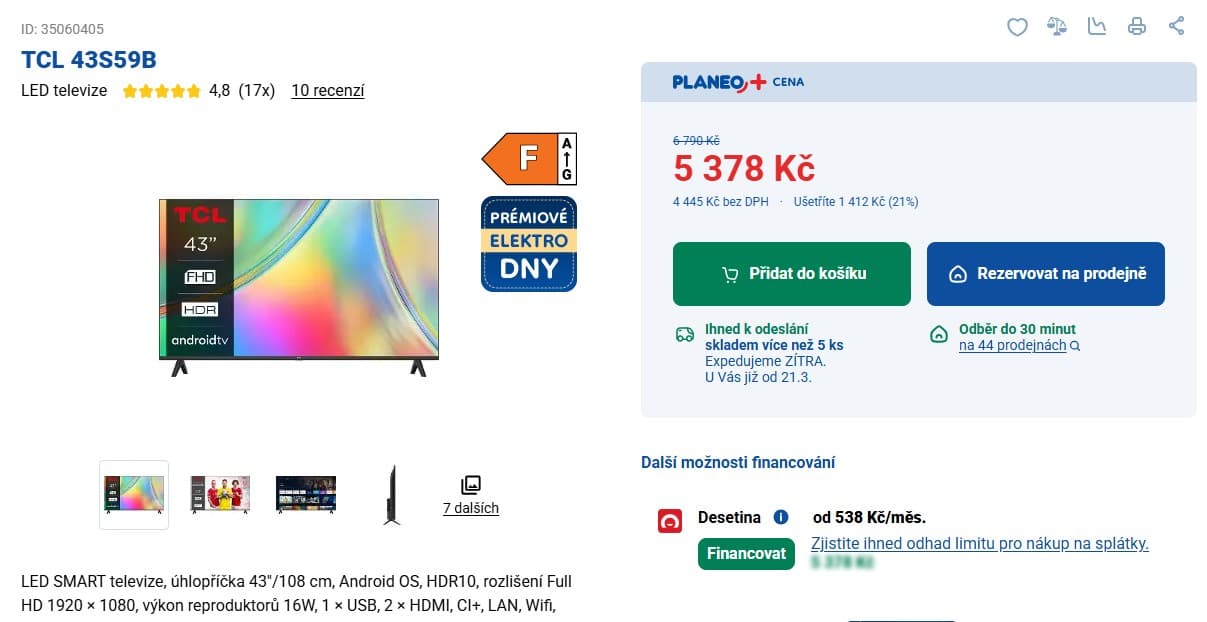 Full HD Android TV 108cm, TCL