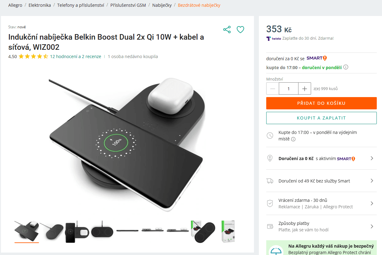 Bezdrátová nabíječka Belkin 10W, dual