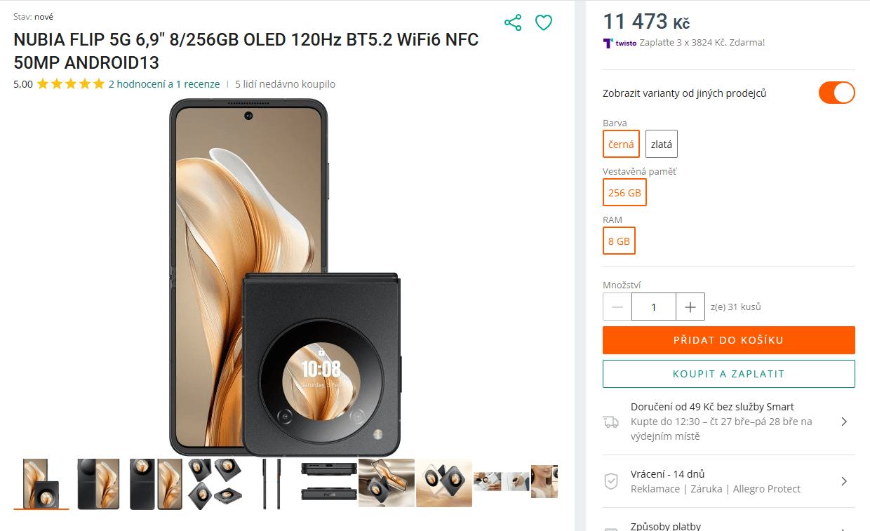 Skládací Nubia Flip, 8x 2,4GHz, 8/256GB, 6,9"