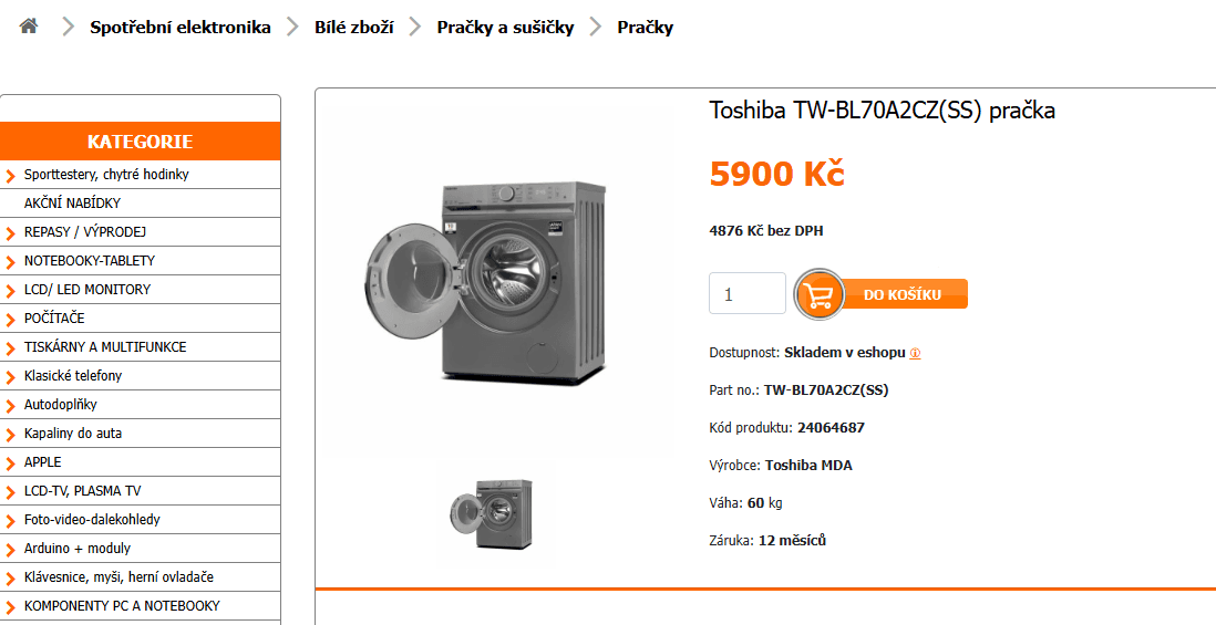 Parní pračka Toshiba, 6kg, 1200 ot., 44cm