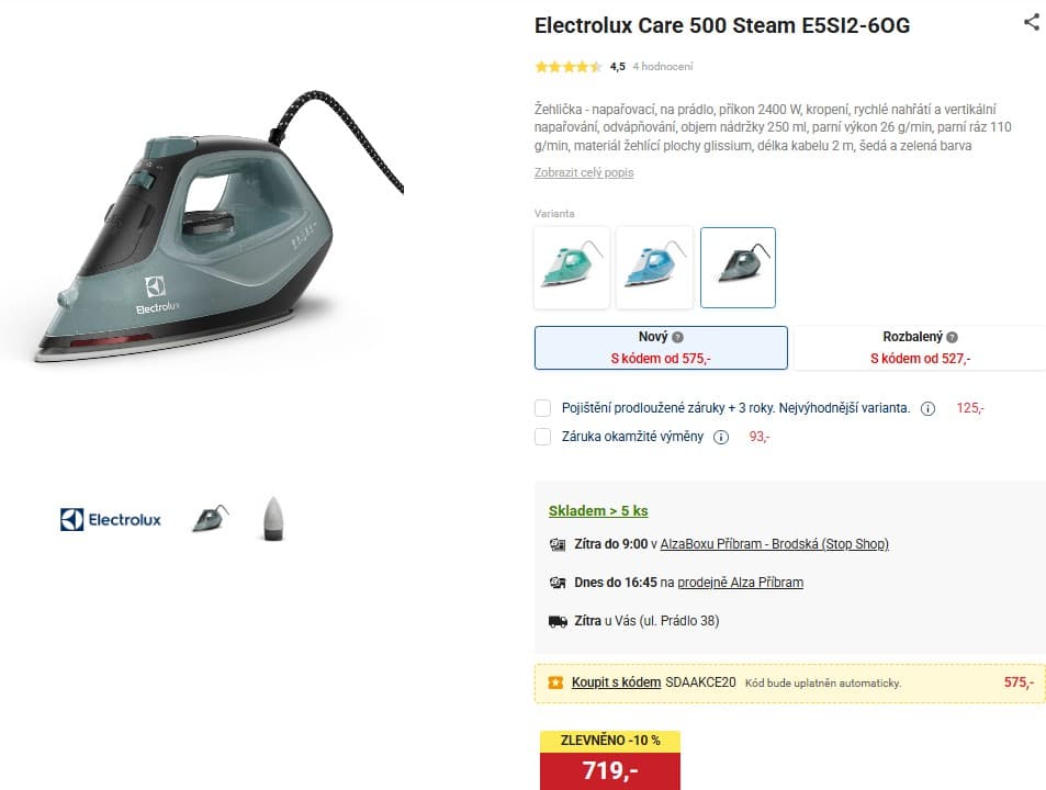 Žehlička Electrolux, 2400 W, 110 g/min