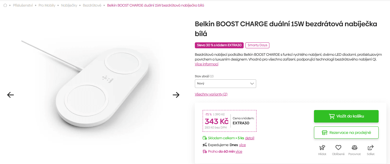 Bezdrátová nabíječka Belkin, dual, 15W