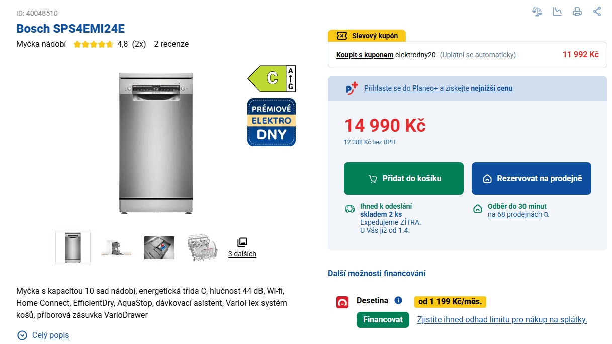Volně stojící myčka Bosch 10 sad, technologie