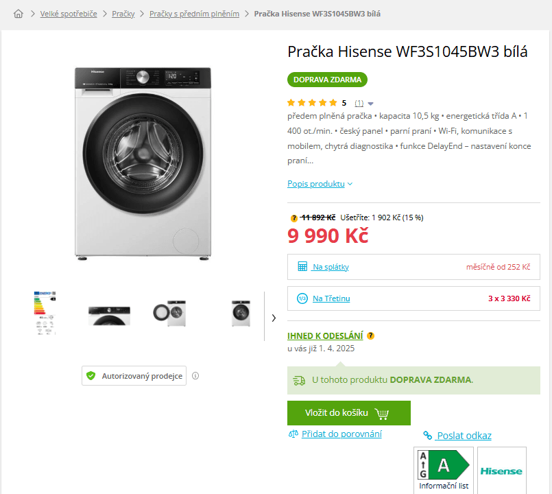 Parní pračka Hisense 10,5kg, 1400ot. Wifi