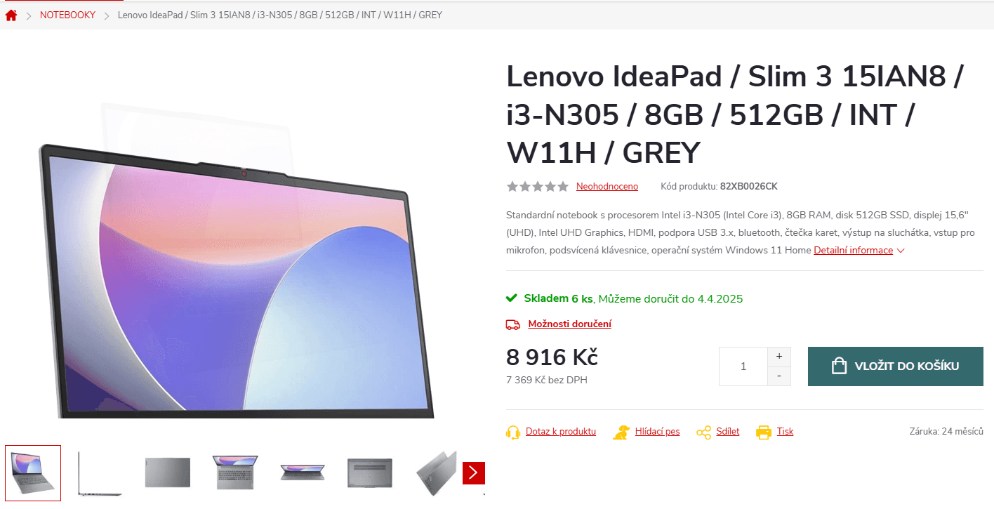 Lenovo i3 3,8GHz, 8/512 GB, 15,6"