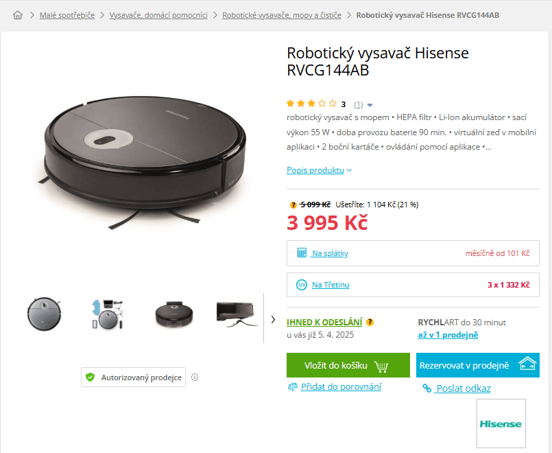 Robot vysavač / mop Hisense 8 cm