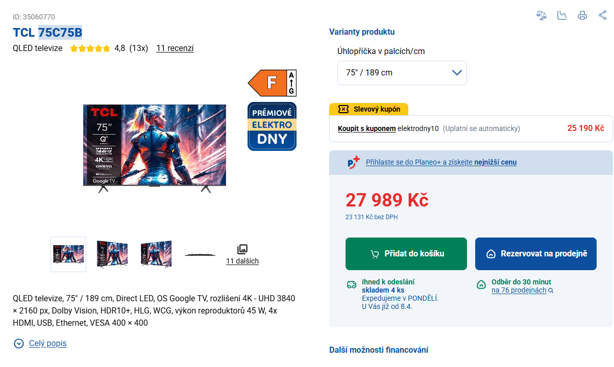 4K Google TV, 144Hz, 189cm, TCL