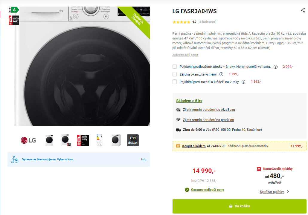 Parní pračka LG 10kg, 1400ot.,Wifi, A