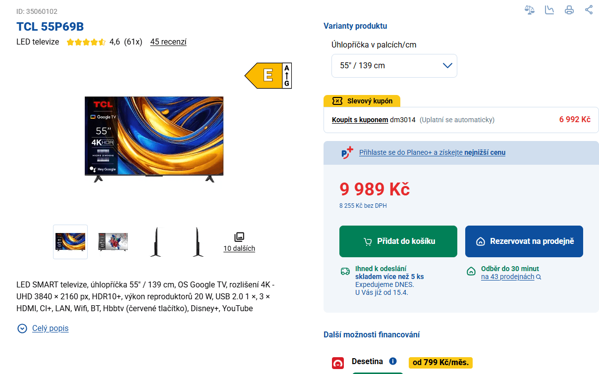 4K Google TV 139 cm TCL
