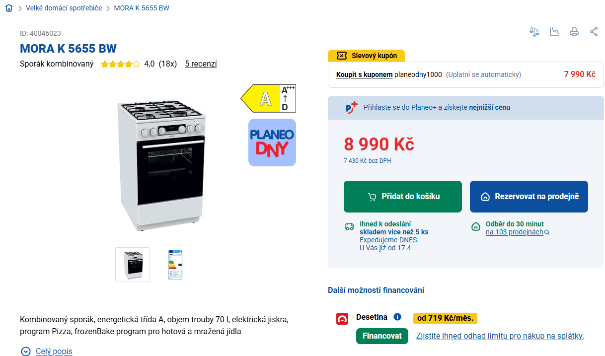 Kombinovaný sporák Mora, funkce, 70l.