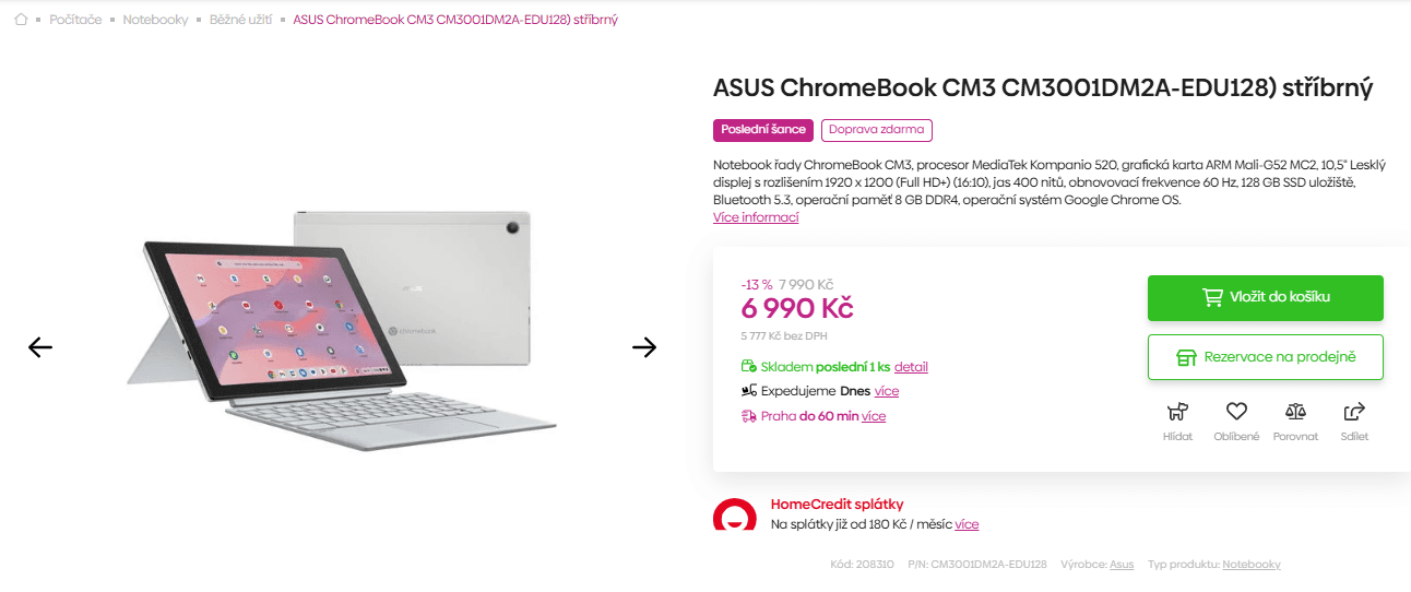 Chromebook Asus 2GHz, 8/128GB, dotyk 10,5"