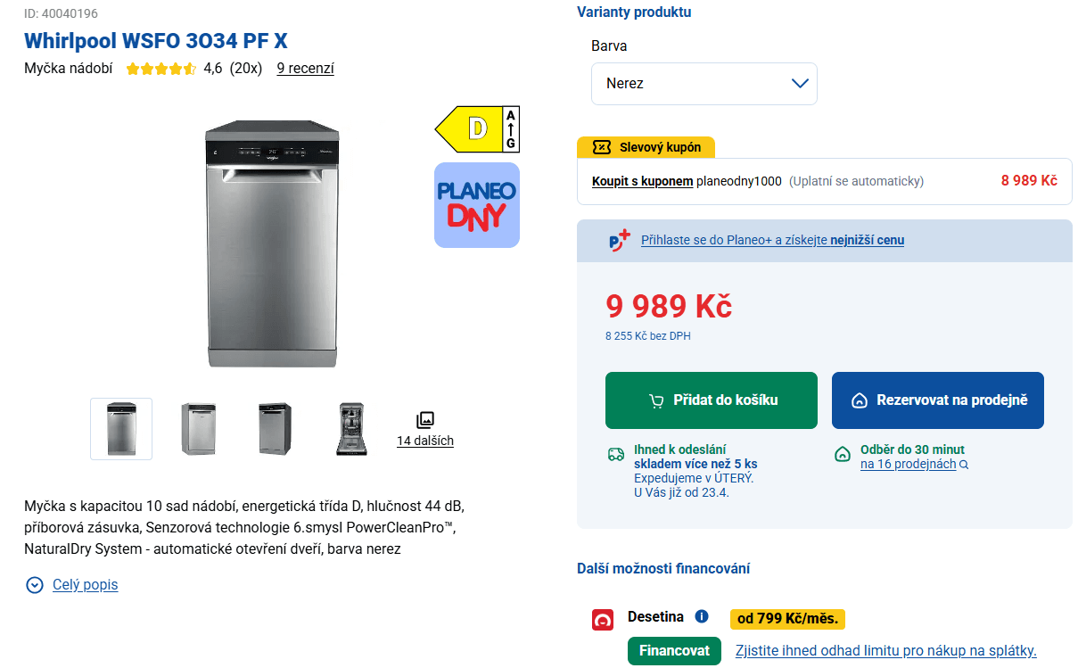 Myčka nádobí Whirlpool 10 sad, funkce