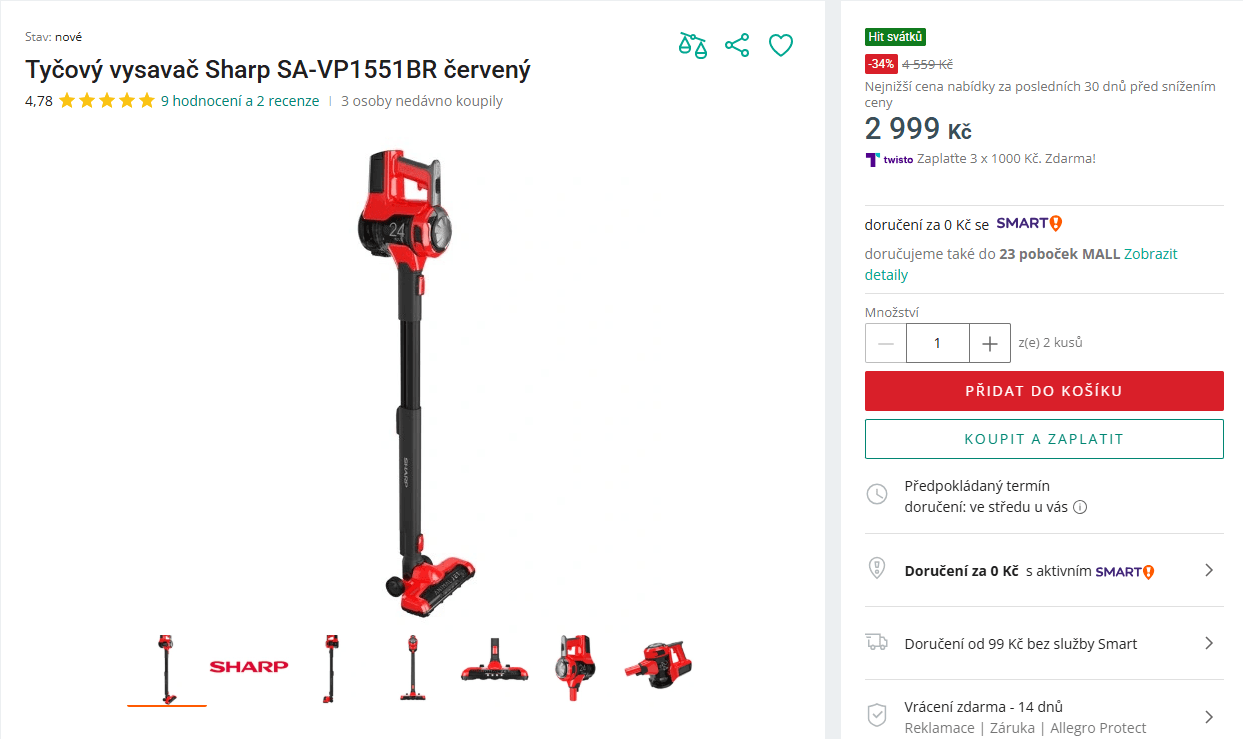 Tyčový vysavač Sharp, příslušenství 60m.