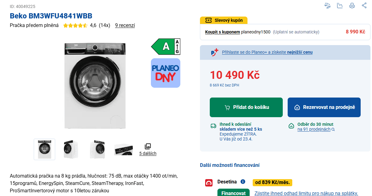 Pračka  Beko, 8 kg, 1400 ot/min, 15 prog.
