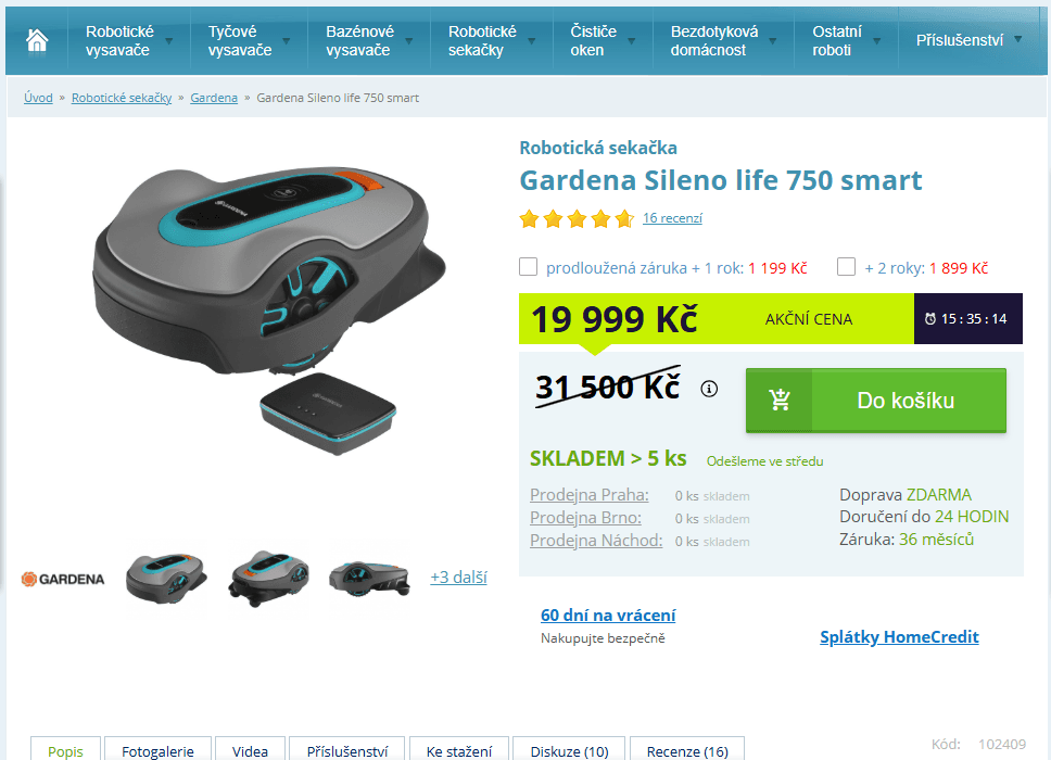 Robotická sekačka Gardena 750m, baterka, nabíječka