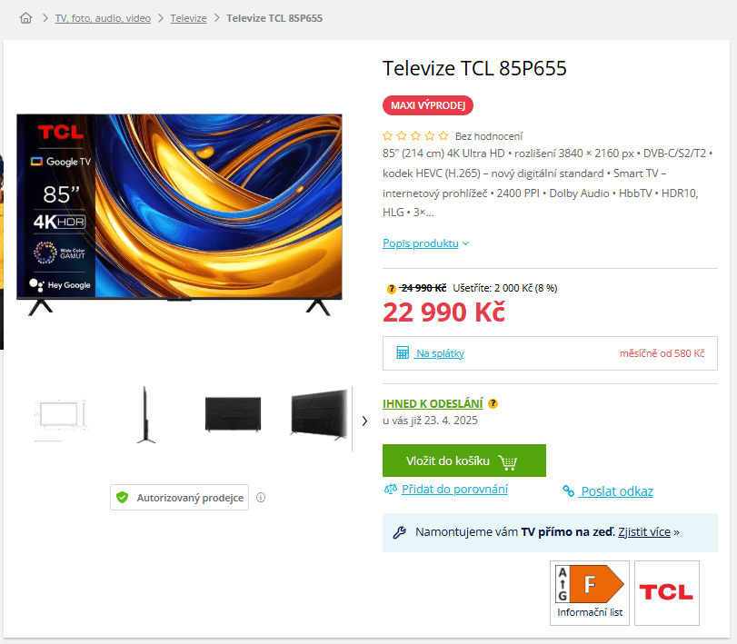 4K Google TV, Atmos, 215cm, TCL