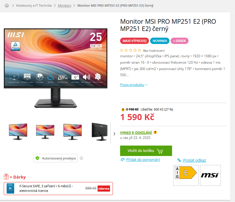 Full HD PC monitor MSI 24,5"