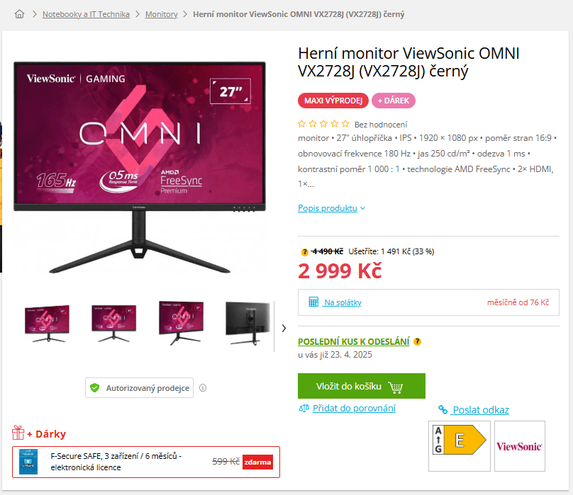Herní PC monitor ViewSonic FHD 27"