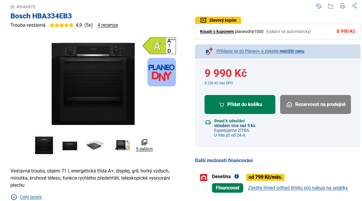 Vestavná trouba Bosch 71l. gril, A+