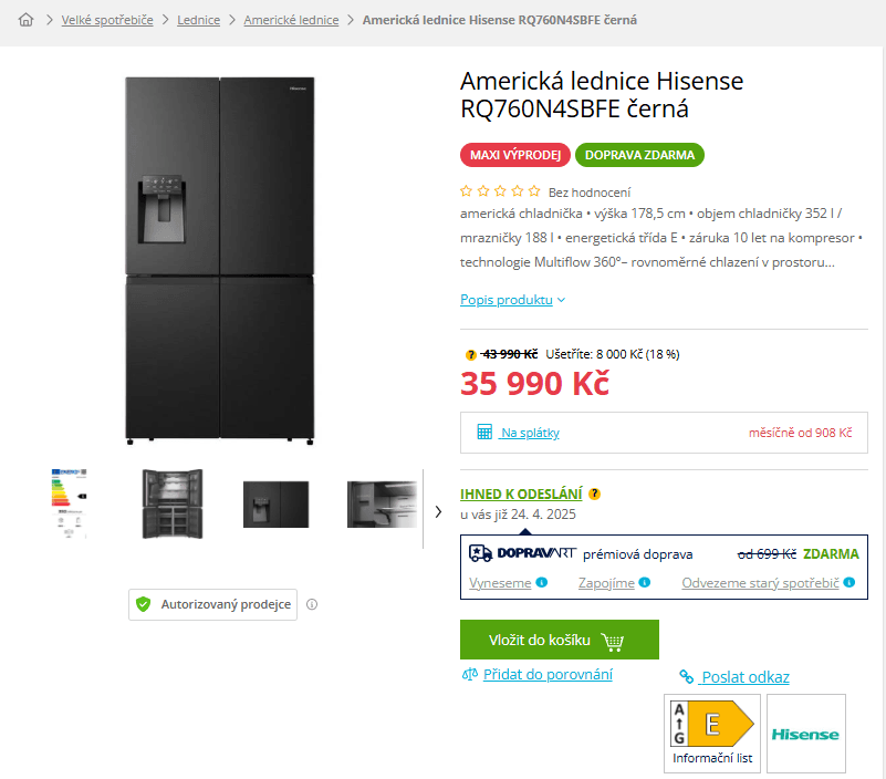 Americká lednice Hisense led 178 cm