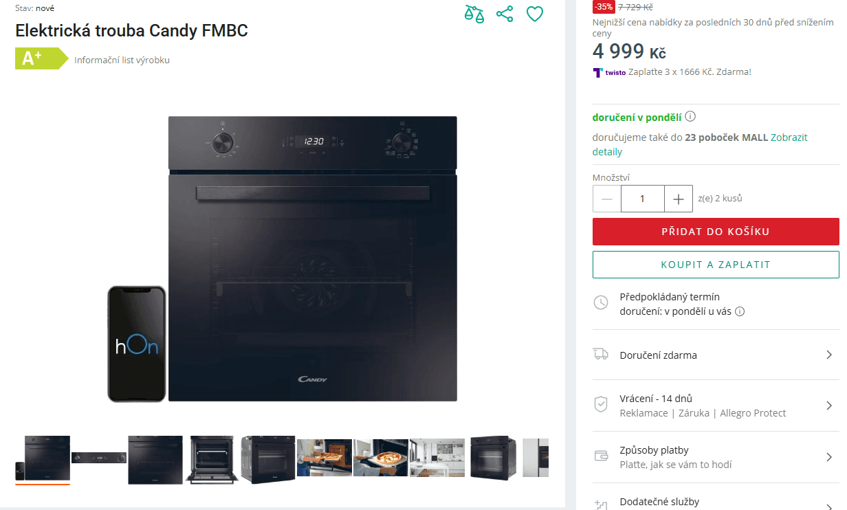 Vestavná trouba Candy 70l., pára, gril, A+, Wifi