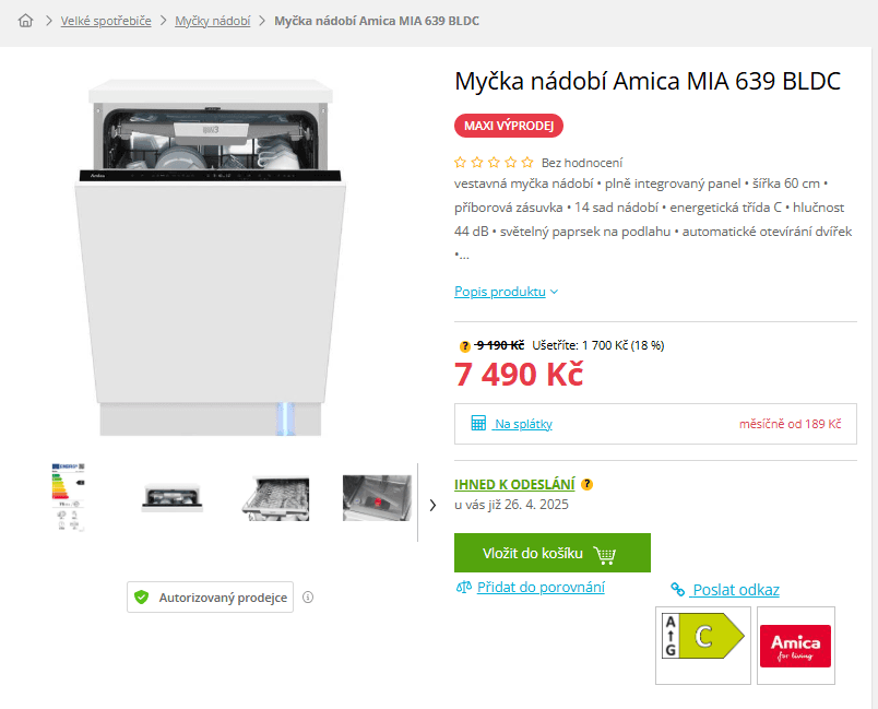 Vestavná myčka nádobí AMICA