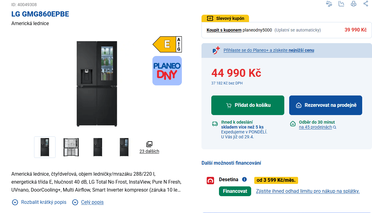 Americká lednice LG, Instaview, led, Wifi, 178cm