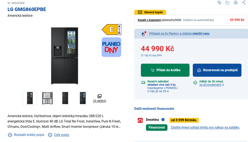Americká lednice LG, Instaview, led, Wifi, 178cm
