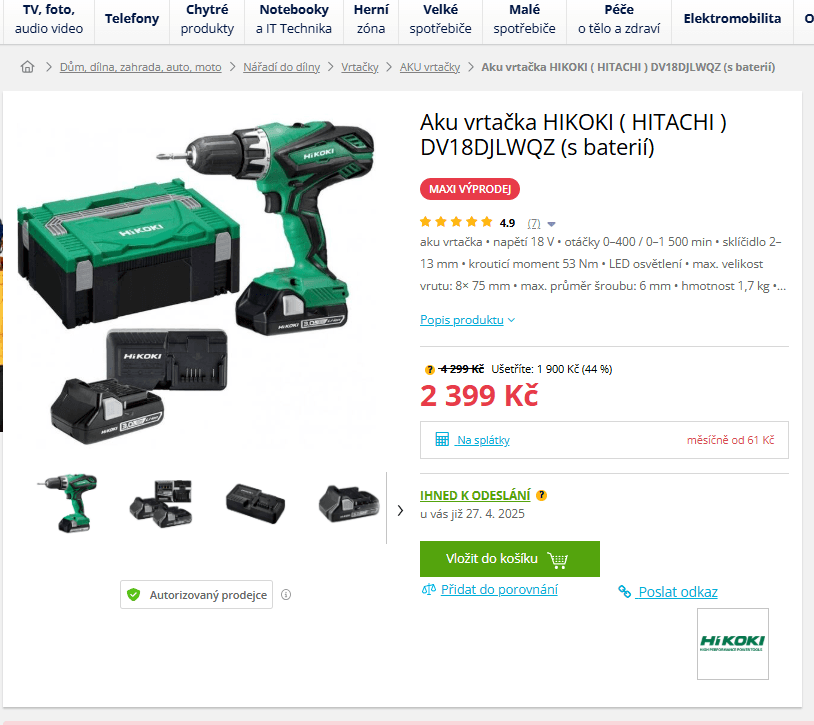 Aku vrtačka/přiklep/šroubovák Hitachi