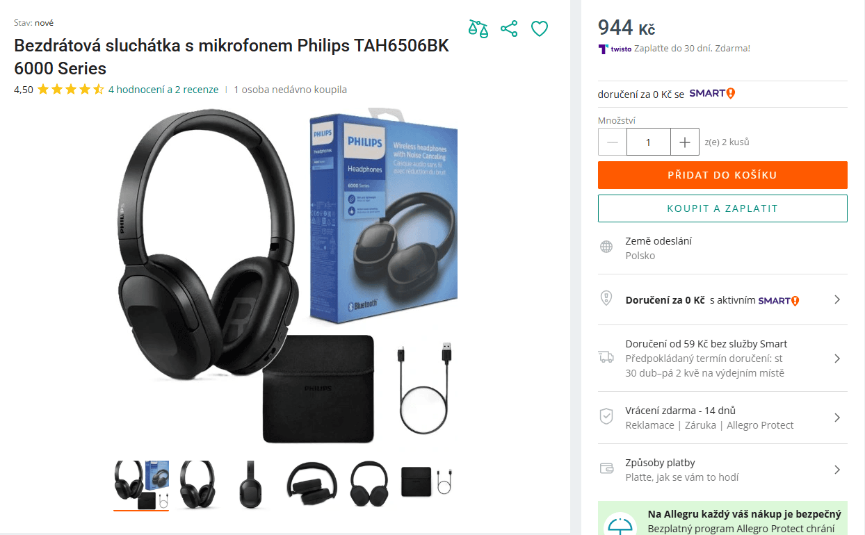 BT sluchátka Philips, ANC