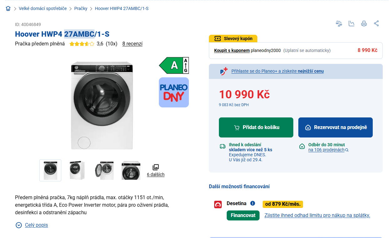 Parní pračka Hoover 7 kg, 1100ot. Wifi, BT, 45cm