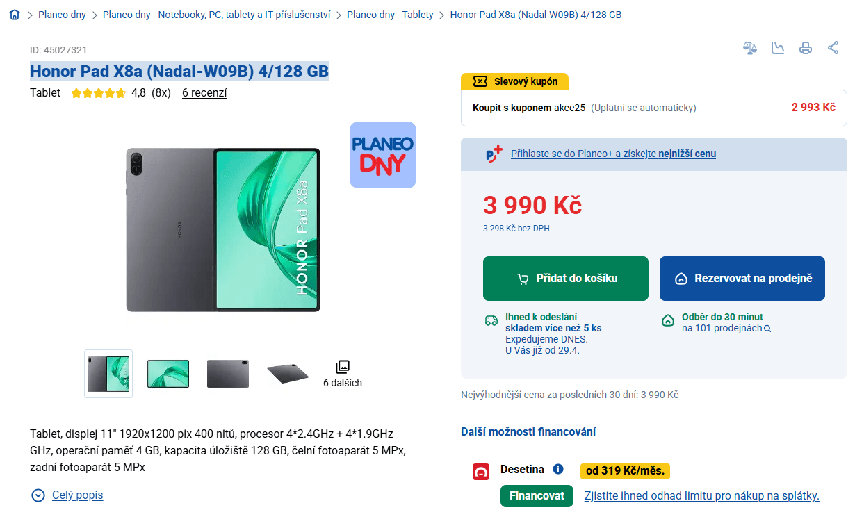 Tablet Honor 8x2,4GHz, 4GB RAM, 11"