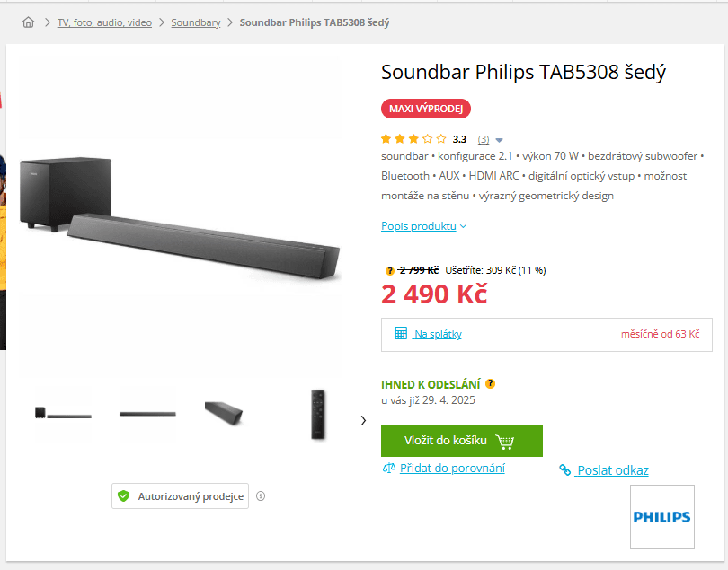 Soundbar Philips 2.1, 70W, subwoofer