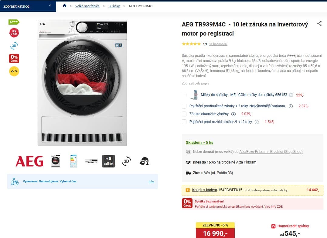 Sušička prádla AEG,  A+++, 9 kg