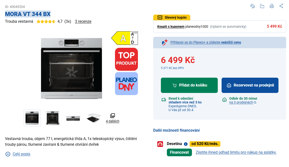 Vestavná parní trouba Mora 77l, gril, A