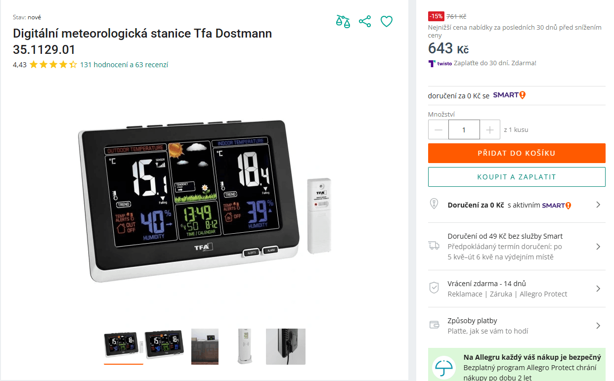 Meteostanice TFA, budík, 60m
