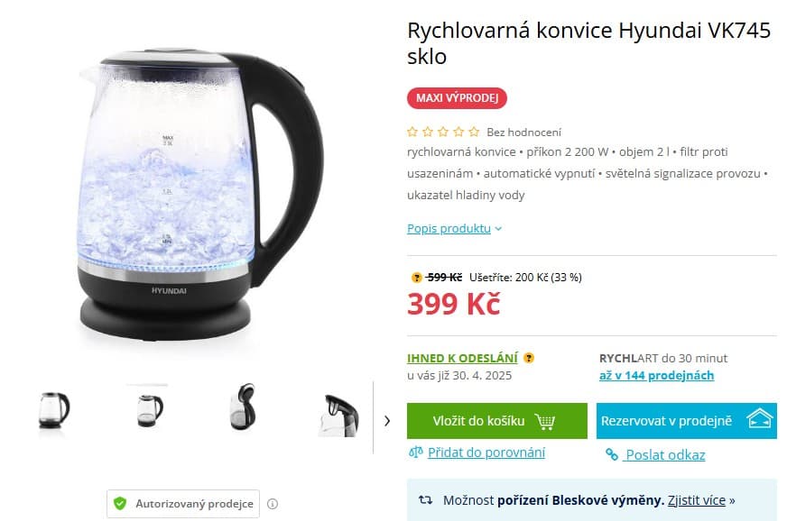 Rychlovarná konvice Hyundai, 2 l, 2200W