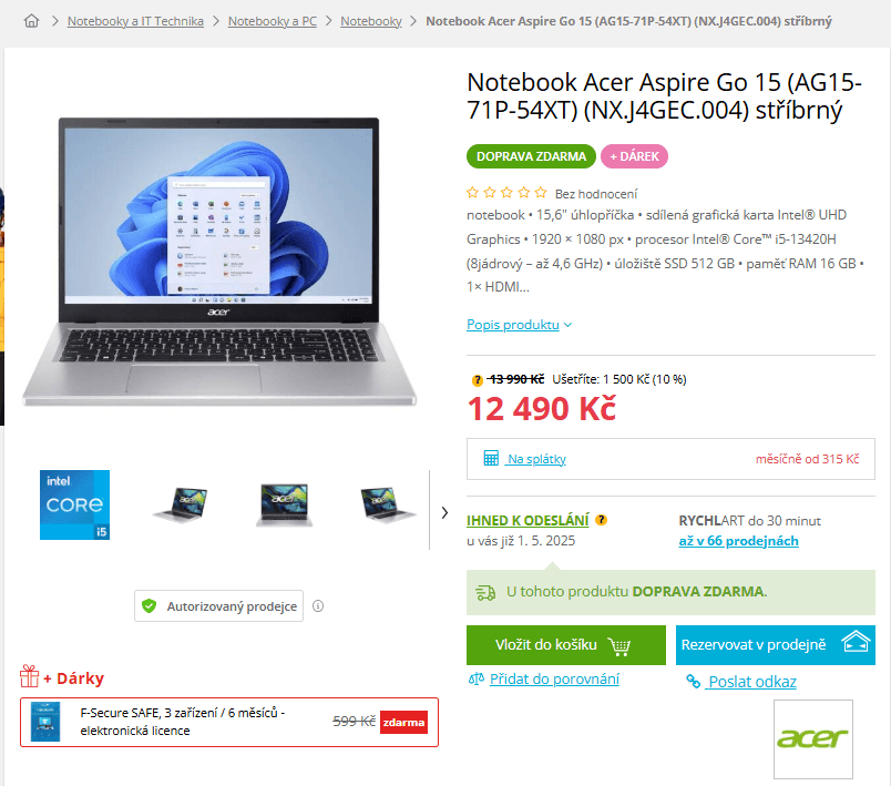 Acer i5 4,6GHz, 16/512GB, 15,6", 1,8kg