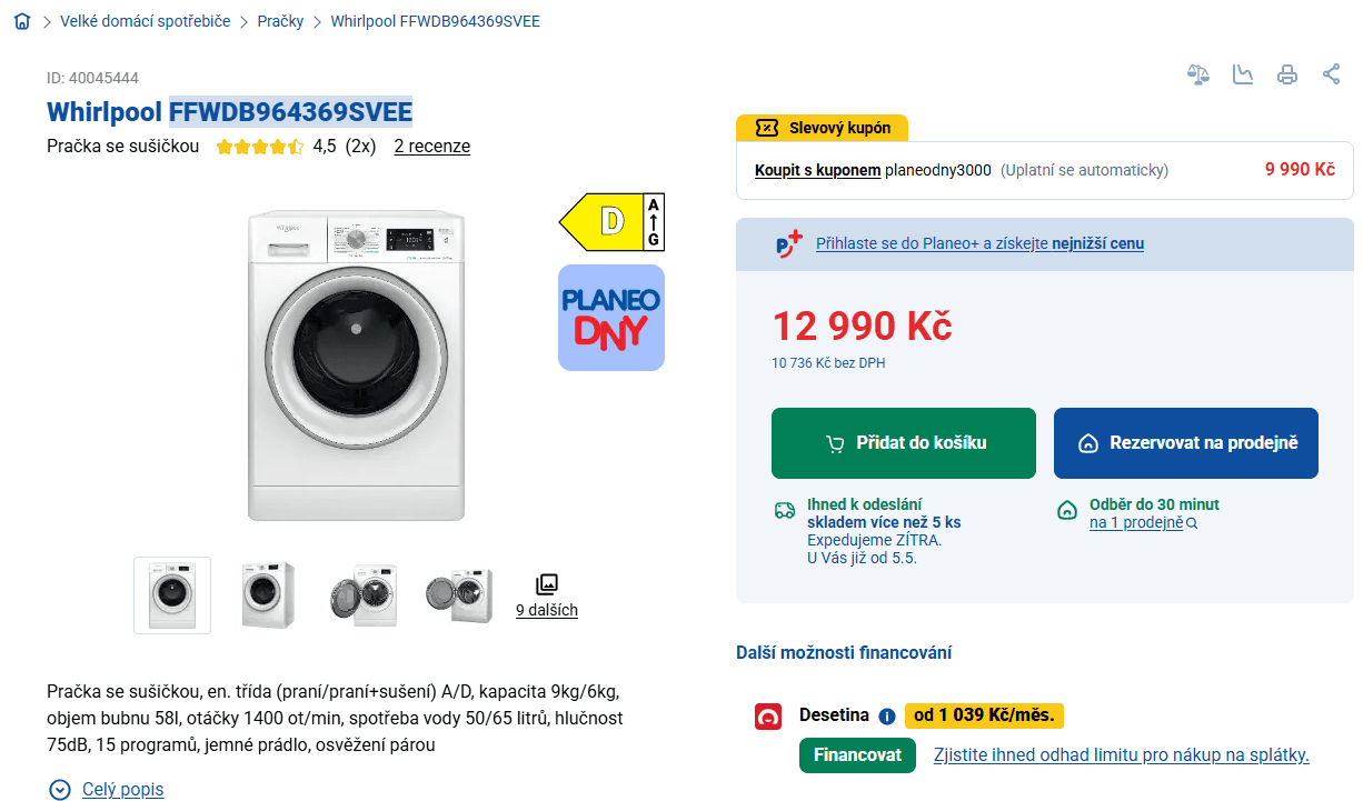 Pračka se sušičkou Whirlpool, 1400 ot/min, 9/6 kg