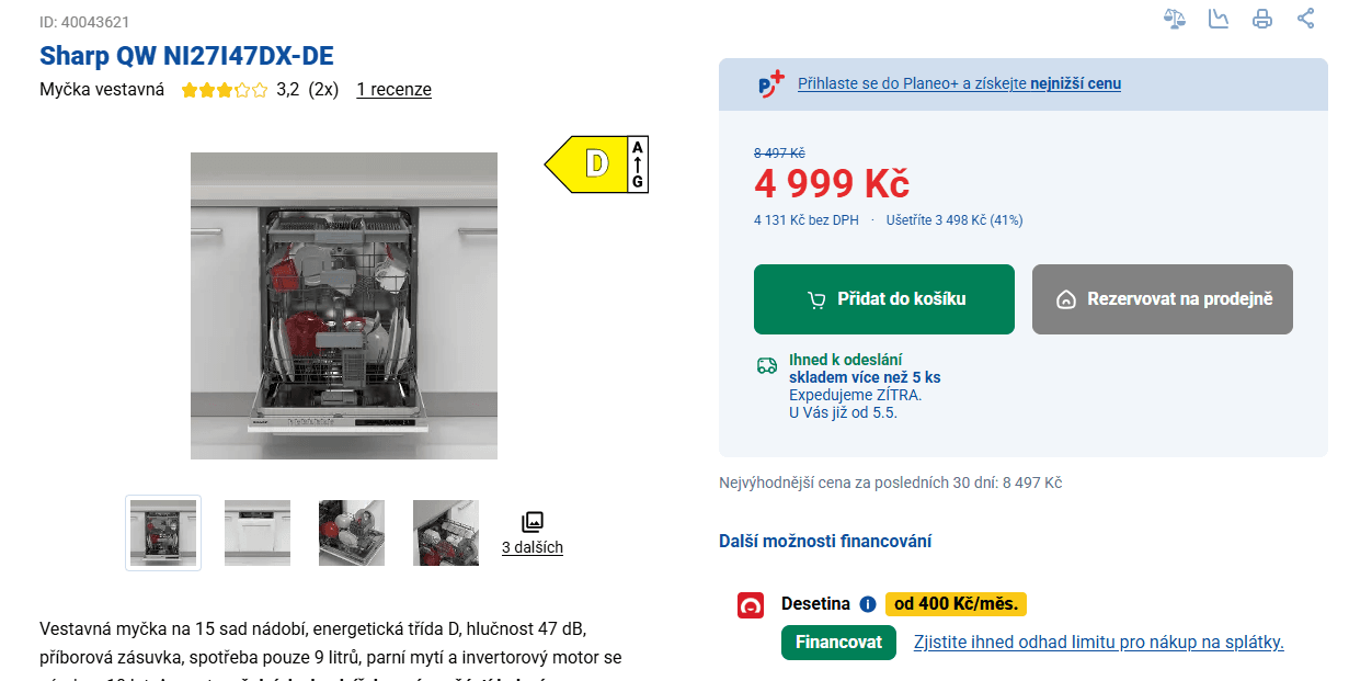 Vestavná myčka nádobí Sharp 15 sad