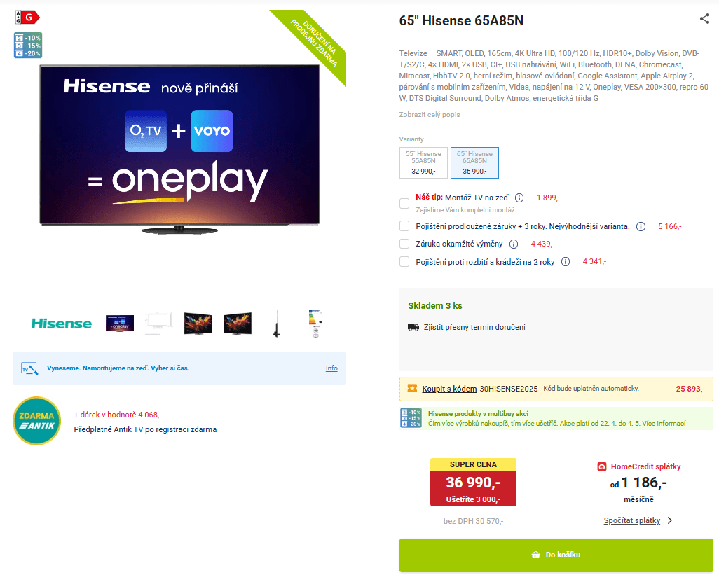 OLED TV, Atmos, 120Hz, 165cm Hisense