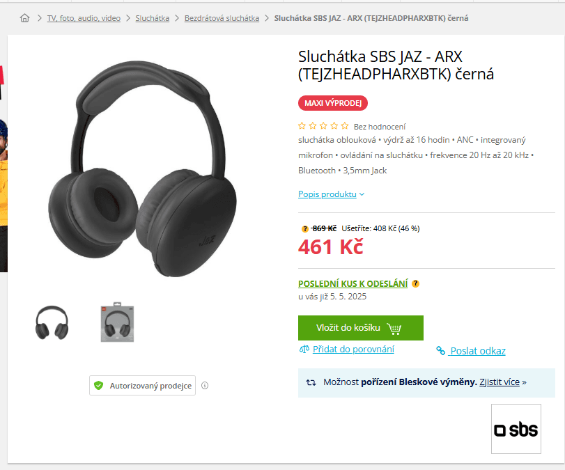 BT sluchátka SBS JAZ, ANC, 16 hodin
