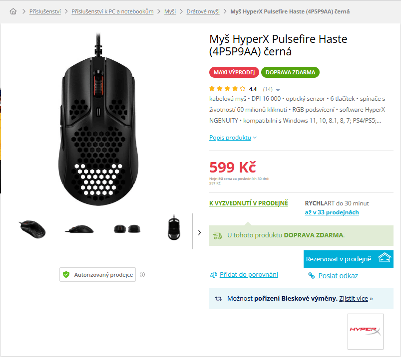 Herní myš HyperX Pulsefire Haste 