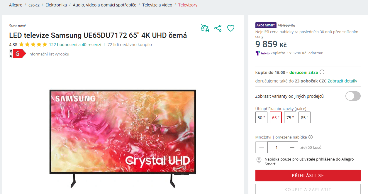 4K Smart TV 164 cm, Samsung