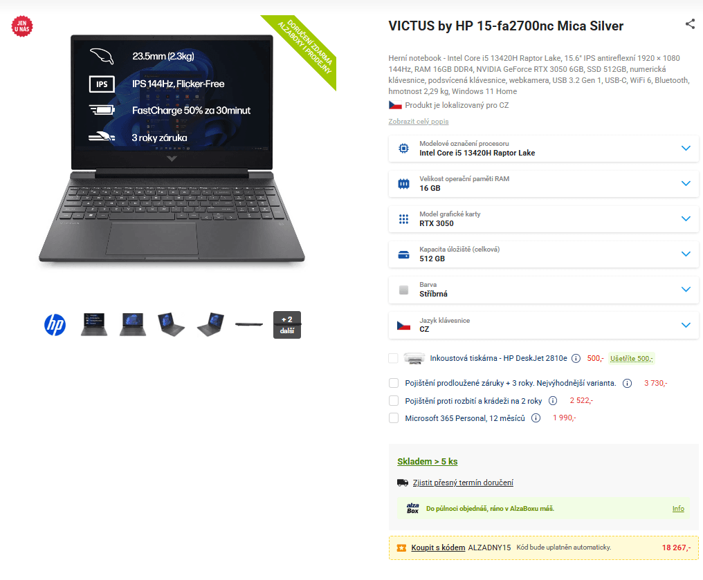 HP i5 4,6GHz, 16/512, 6GB Nvidia, 15,6"